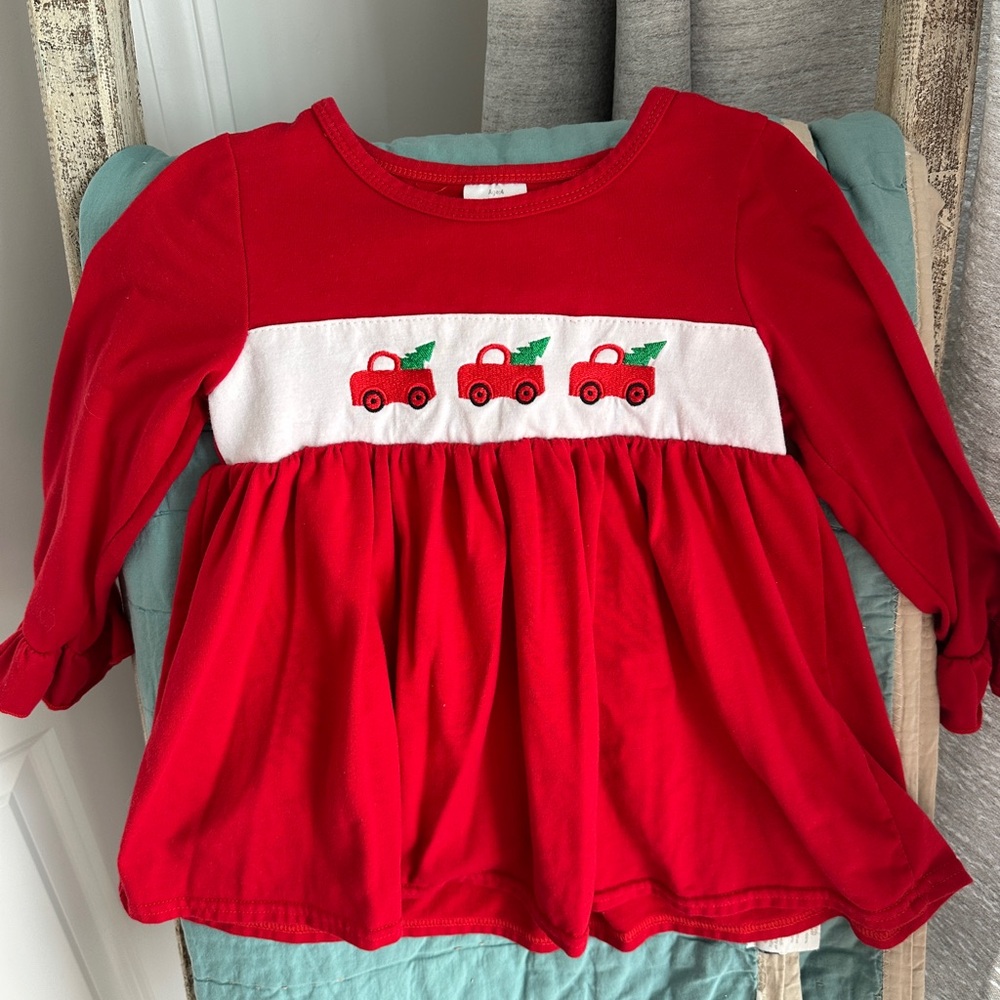 Red Holiday Dress with Car Embroidery